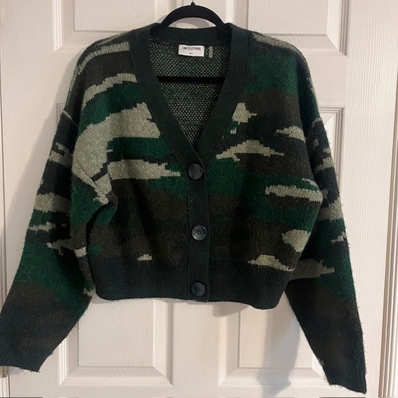 LNA Clothing Camo Cardigan Sweater Knit Button‎ Front Green Small Oversized - Picture 1 of 6